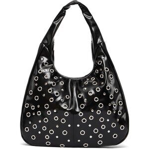 Dark Black Women's Studded Vegan Leather Slouchy Tote Shoulder Bag